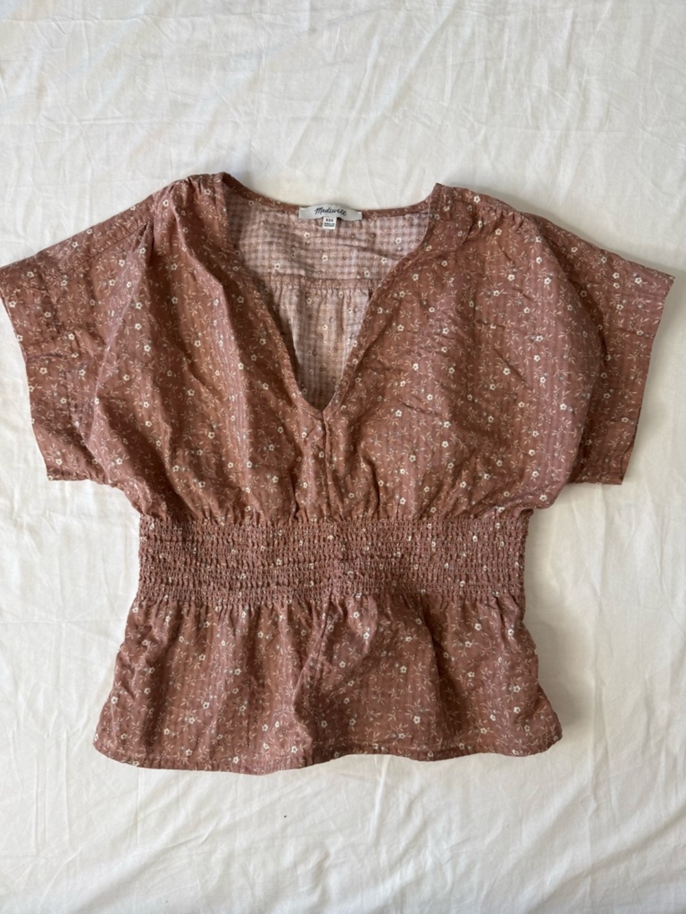 Madewell XXS Brown Floral Printed Smocked Peplum Blouse V-Neck  Top Boho